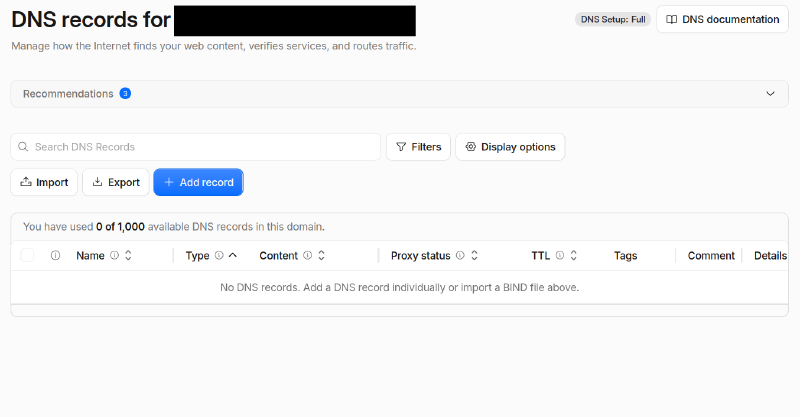 Missing DNS records for the domain on the Cloudflare dashboard