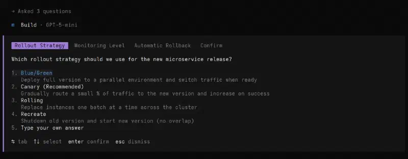 OpenCode question tool prompting a choice of rollout strategy