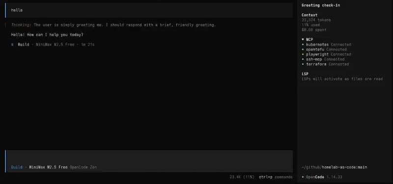 OpenCode sidebar showing MCP connections, LSP status, and token usage